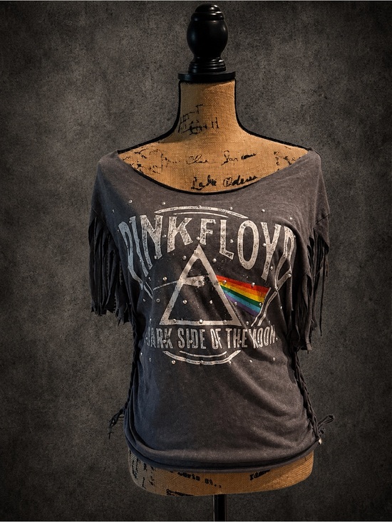 Pink Floyd Tops - Pink Floyd Gray Short Sleeve Fringe Tee with Rainbow Prism Graphic